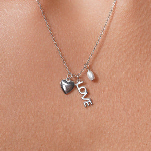 Lhn00004PJT Sterling Silver Charm Necklace Love Heart & Pearl