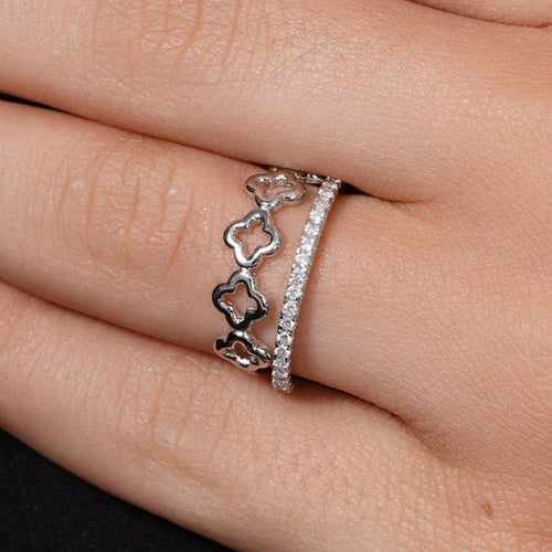 Lhr00002ClJT Sterling Silver Double Ring Clover & Cz Band