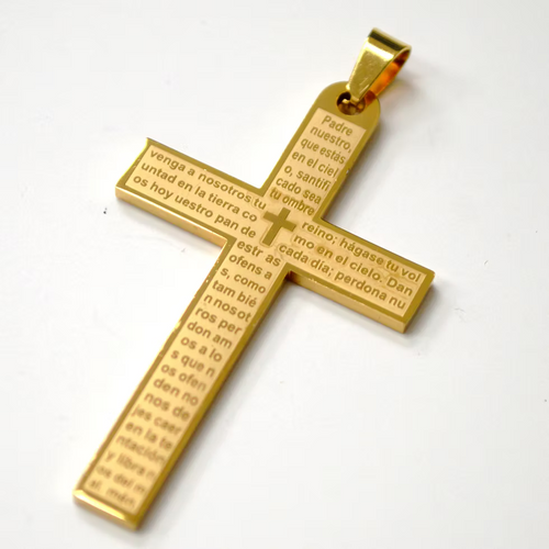 Lhpss86-3244G Stainless Steel Cross Lords Prayer Spanish+ Chain