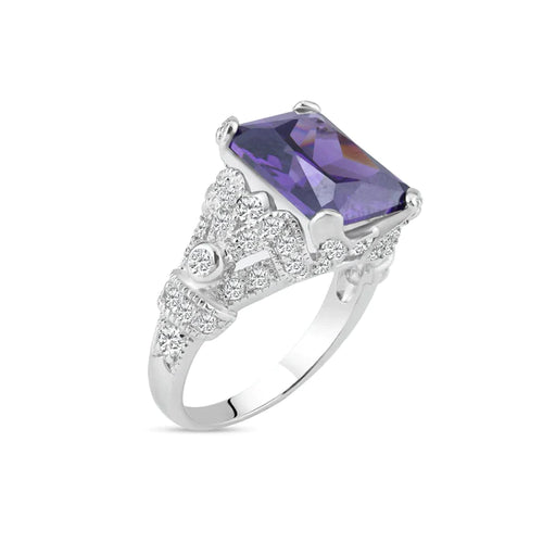 lHR05679* Sterling Silver Ring Rectangle Amethyst Cz Vintage Style