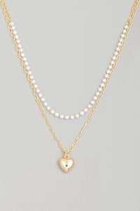 Lhn97613 Fashion Necklace Double Chain White Beads & Heart Drop