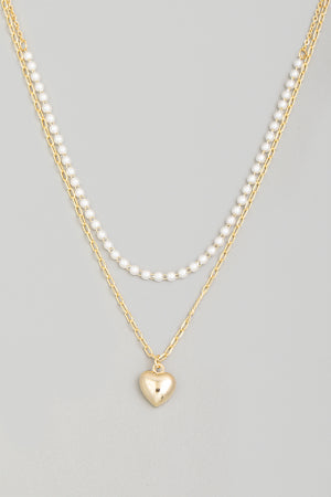 Lhn97613 Fashion Necklace Double Chain White Beads & Heart Drop