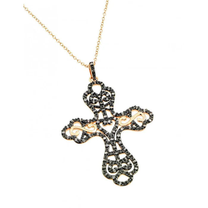 Lhp006969 Sterling Silver Gold Plated Cross Black Cz