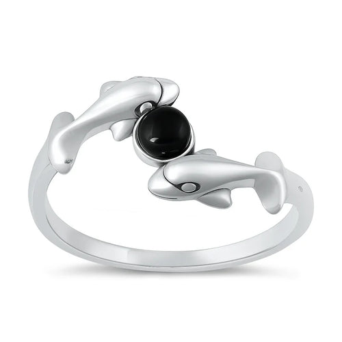 Lhr1318369 Sterling Silver Black Onyx Dolphin Ring