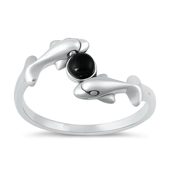 Lhr1318369 Sterling Silver Black Onyx Dolphin Ring