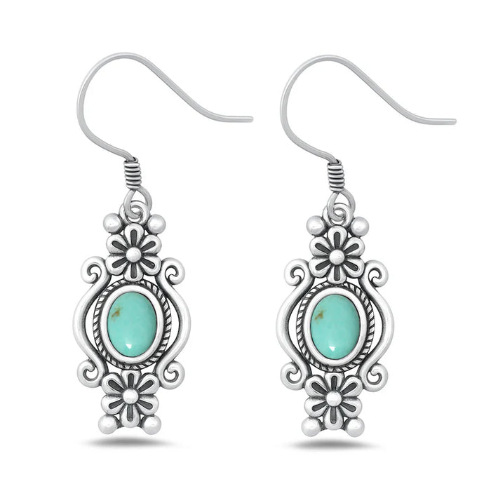 Lhe54308929 Sterling Silver Real Turquoise Flower  Hook Wire Earring