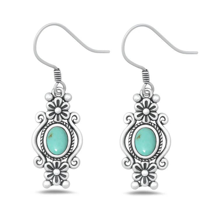 Lhe54308929 Sterling Silver Real Turquoise Flower  Hook Wire Earring
