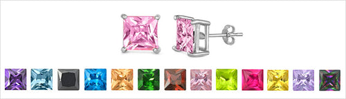 Lhe430049 Sterling Silver Square Cz Studs Assorted Colors & Sizes