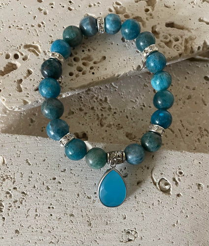 Lhb3337 Real Stone  Stretch Bracelet Apatite Blue Beads Quartz Drop Silver Plated Findings