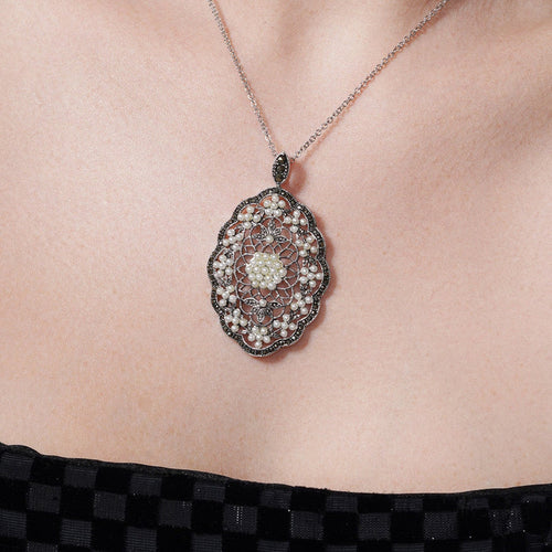 Lhp00142 Sterling Silver Vintage Victorian Oval Pearl & Marcasite Pendant
