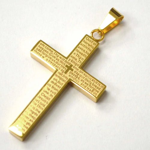 Lhnss986-2416Gold Stainless Steel Gold Plated Cross with English Lords Prayer 24'' chain