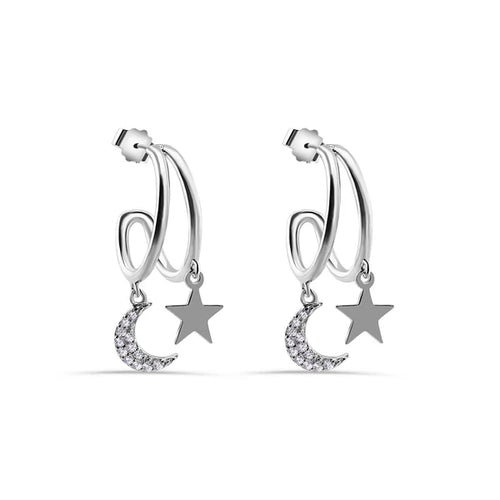 Lhe013839 Sterling Silver Star & Moon Half Hoop Earring Cz