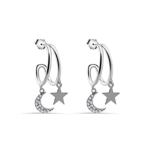 Lhe013839 Sterling Silver Star & Moon Half Hoop Earring Cz