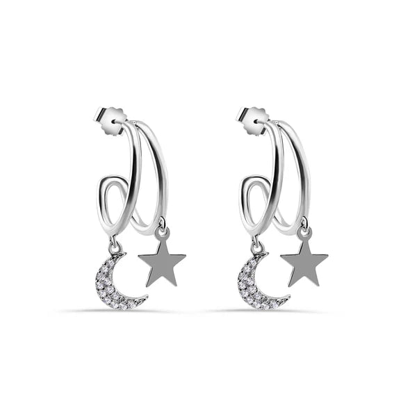 Lhe013839 Sterling Silver Star & Moon Half Hoop Earring Cz