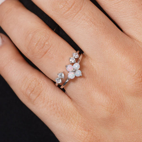 Lhr00005OPJ Sterling Silver Ring Open Cz & Lab Opal Clover
