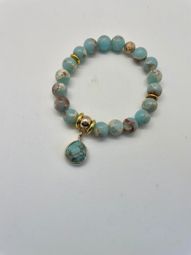 Lhb032 Real Stone Beaded Bracelet Aqua Terra  Turquoise Drop Gold Filled Rondel