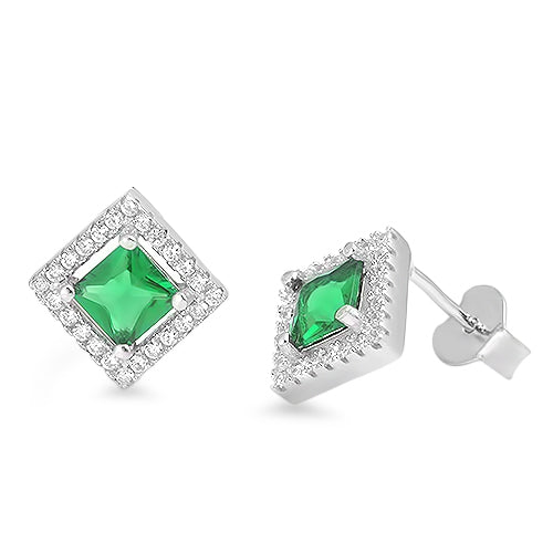 Lhe4110739 Sterling Silver Earring Square Stud Emerald Green Cz