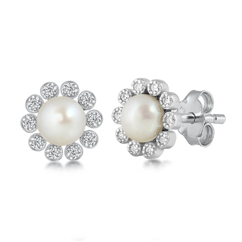 Lhe4113159 Sterling Silver Pearl Earring Flower Petals Cz Stones