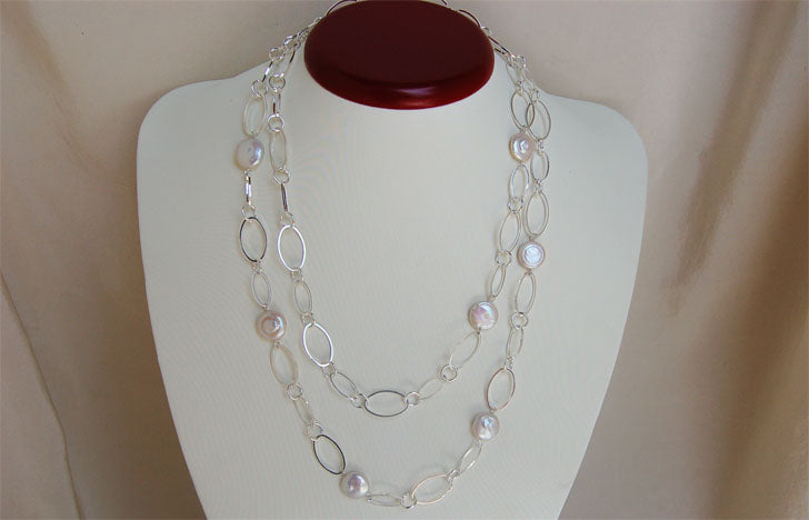 Lhn0569 Real White Coin Pearl Necklace Silver Plated **Minimum Orders