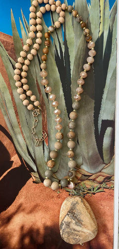Lhn1250 Fashion Necklace Real Jasper Stone Crystal & Wood