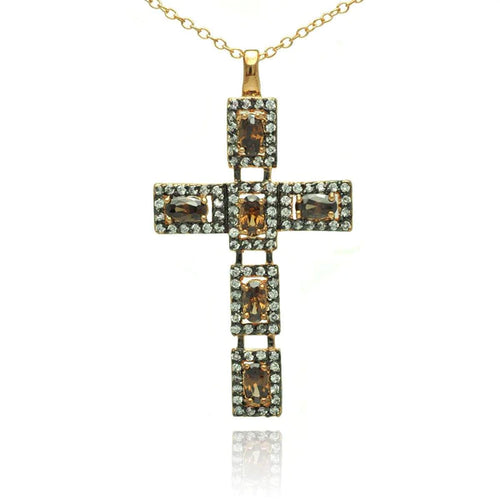 Lhp00714 Sterling Silver Gold Plated Cross Champagne Cz Stones