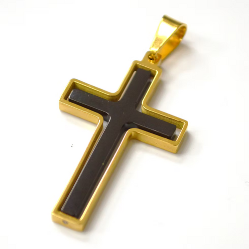 Lhpss86-3020BG Stainless Steel Cross Black on Gold + Chain