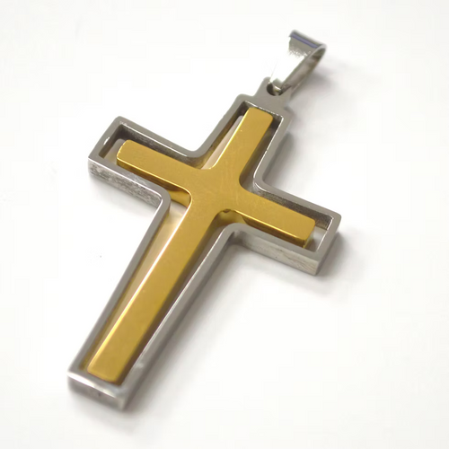 Lhpss86-3020TG Stainless Steel Cross Gold on Silver + Chain