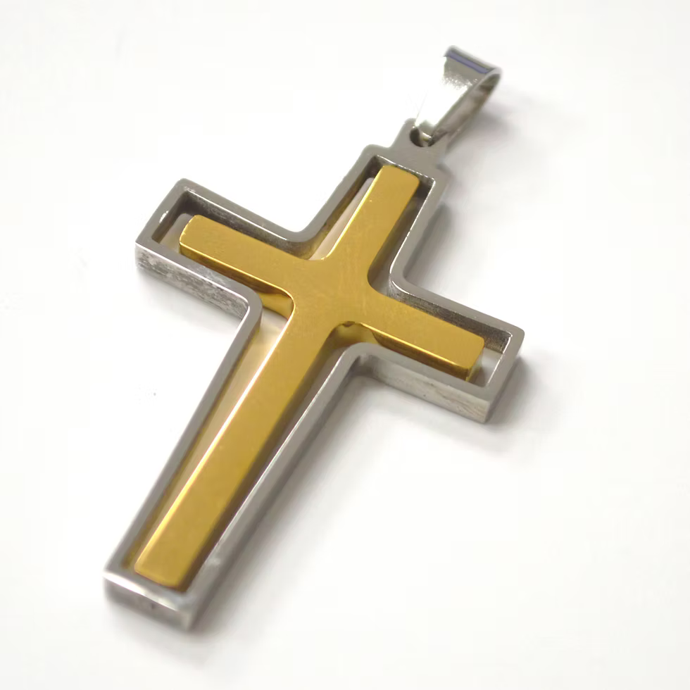 Lhpss86-3020TG Stainless Steel Cross Gold on Silver + Chain