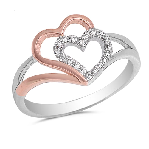 Lhr1058299 Sterling Silver Ring Double Heart Rose Gold & Cz Stones