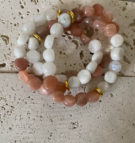 Lhb3339 Real Stone Bracelet Moonstone Peach & White with Freshwater Pearl Triple Wrap