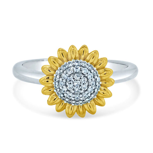 Lhr011739 Sterling Silver Ring Sunflower Gold Plated & Cz stones