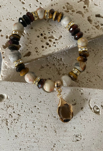 Lhb33311 Real Stone Stretch Bracelet Crazy Lace Agate & Tiger Eye Rondels & Tear Drop