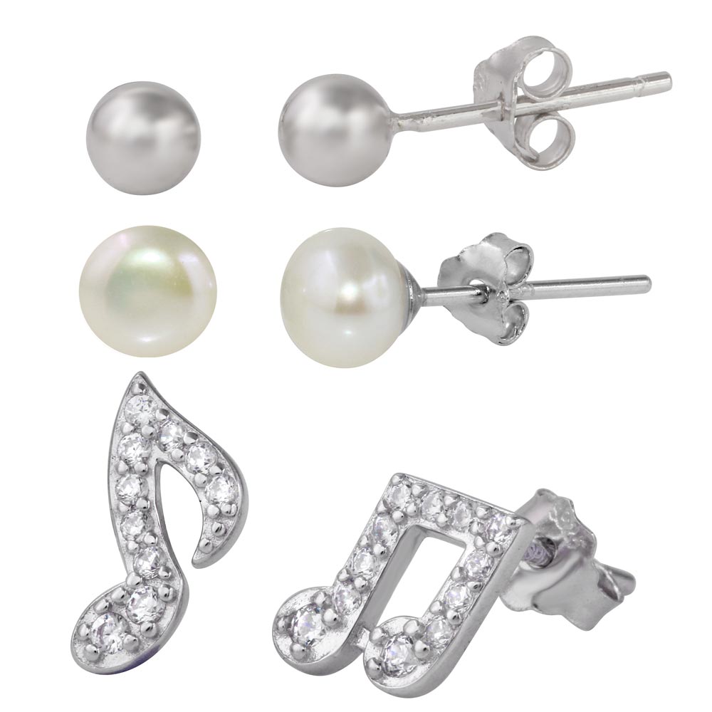 Lhe00001 Sterling Silver Earring  3 sets Ball,Pearl & Musical Note