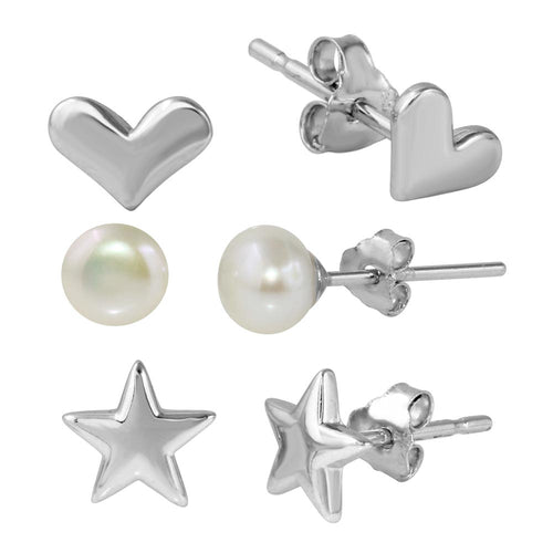 Lhe00003 Sterling Silver Earrings Hearts ,Stars & pearl  3 sets