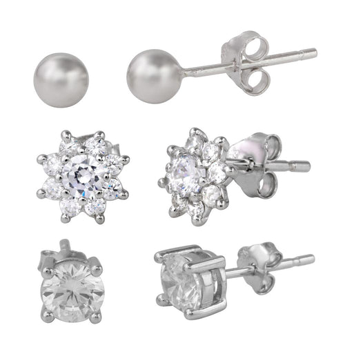 Lhe00004 Sterling Silver Earring  3 sets Ball,Flower & Cz Post