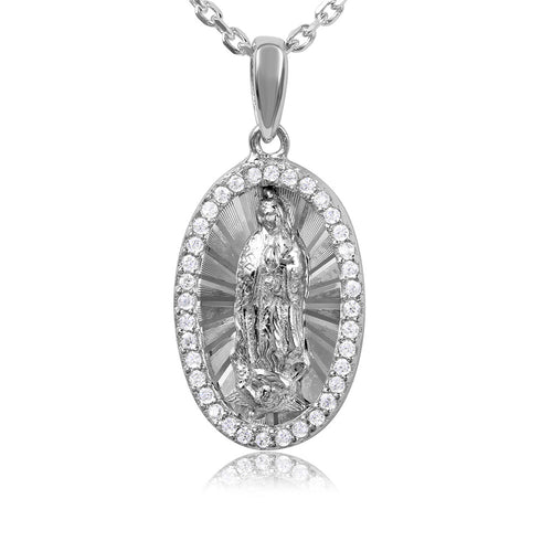 Lhn0005Rh Sterling Silver Religious Necklace Oval Cz  Medallian