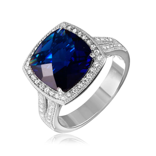 Lhr00090S Sterling Silver Ring Sapphire Cz Square