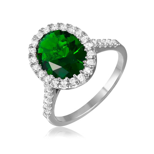 Lhr00099Gr Sterling Silver Ring Oval Green Emerald Cz