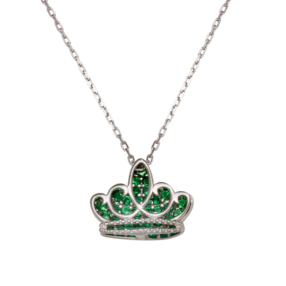 Lhp00036Emerald Sterling Silver Emerald Crown Cz Necklace