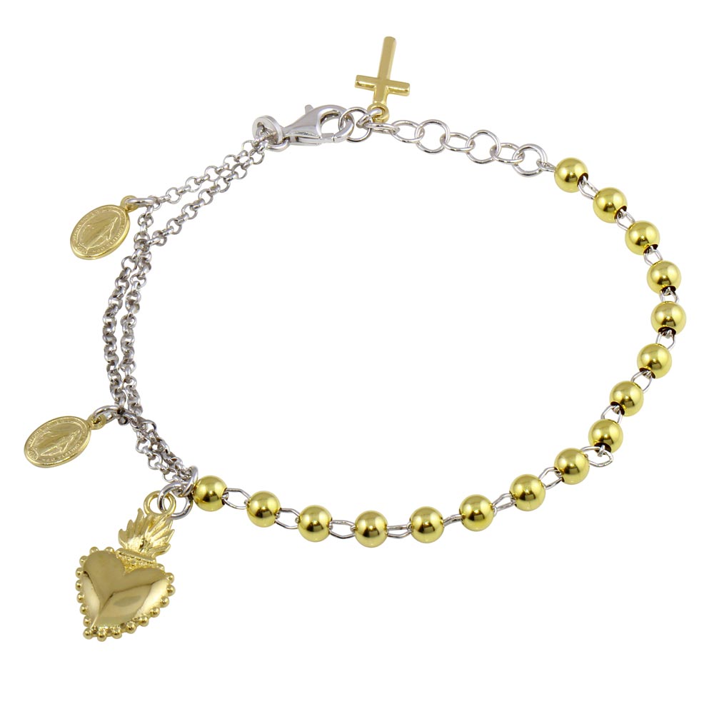 Lhb00054G Sterling Silver Bracelet Silver & Gold  Cross Religious Medalians & Heart