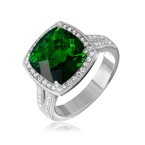Lhr00090Gr Sterling Silver Ring Green Emerald Cz Square