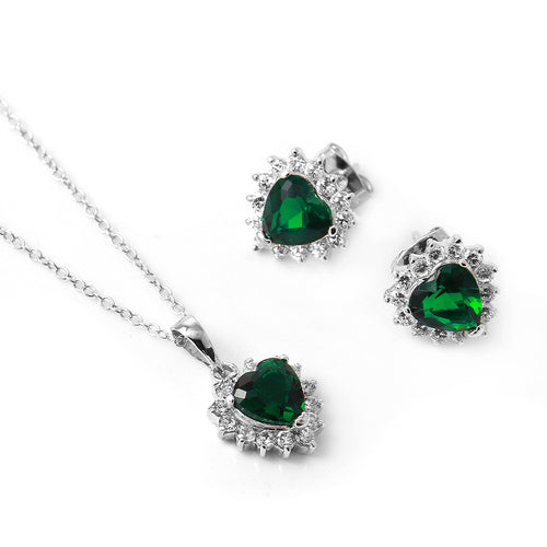 Lheset00324 Sterling Silver Emerald Green cz Heart set