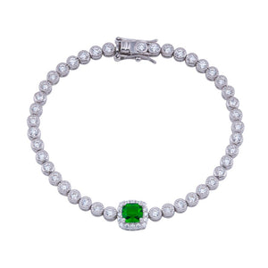 Lhb00363 Sterling Silver Tennis Bracelet Emerald Green Cz Center stone Bezel Clear Cubic zirconia