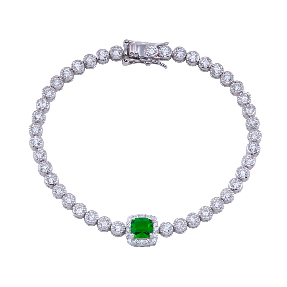 Lhb00363 Sterling Silver Tennis Bracelet Emerald Green Cz Center stone Bezel Clear Cubic zirconia