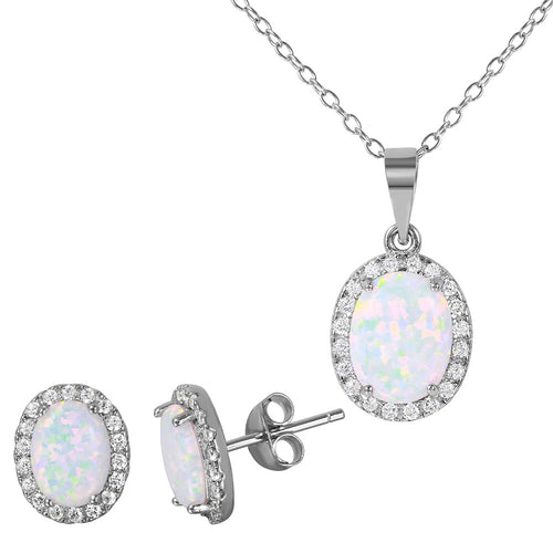 Lhset004709 Sterling Silver Set Oval Synthetic Opal and Cz Stones