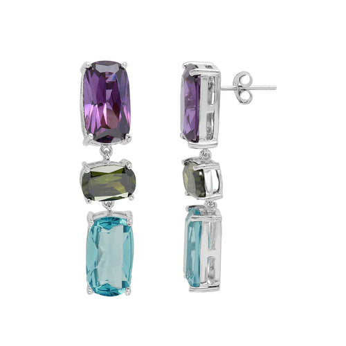 Lhe005009 Sterling Silver Earring Multi Color Long Drop Amethyst/topaz/blue Topaz Cz