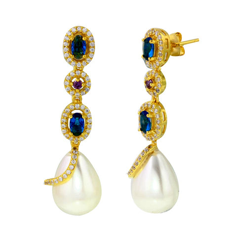 Lhe00544 Sterling Silver Gold Plated Blue Sapphire cz and pearl drop
