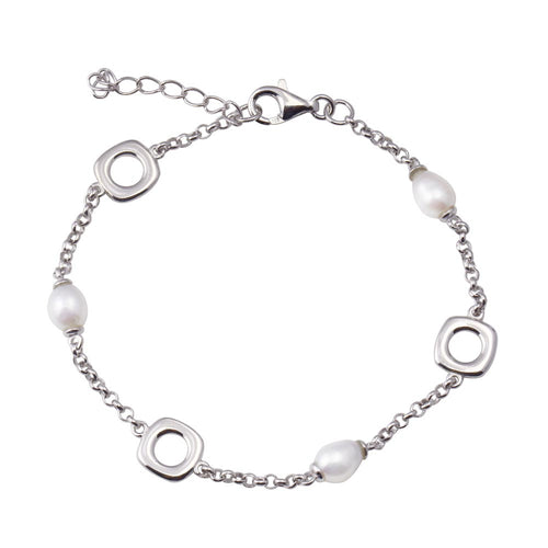 Lhb006189 Sterling Silver Bracelet Pearl and Square Silver attachments