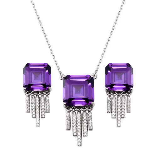 Lhset00620 Sterling Silver Set Art Deco Amethyst Cz Square With Cz Tassle