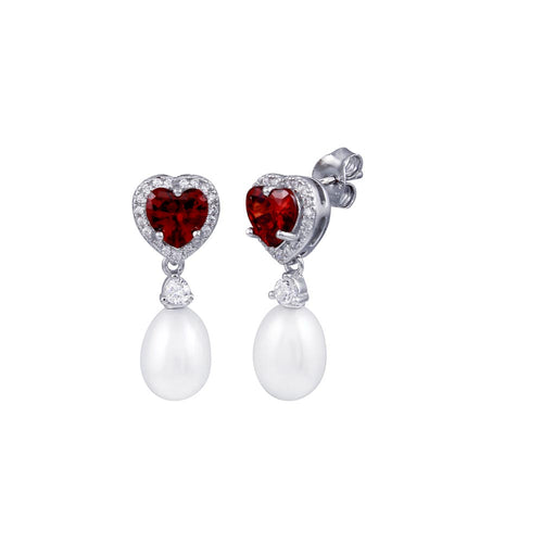 Lhe00718 Sterling Silver Earring Garnet Cz Heart & Pearl Drop